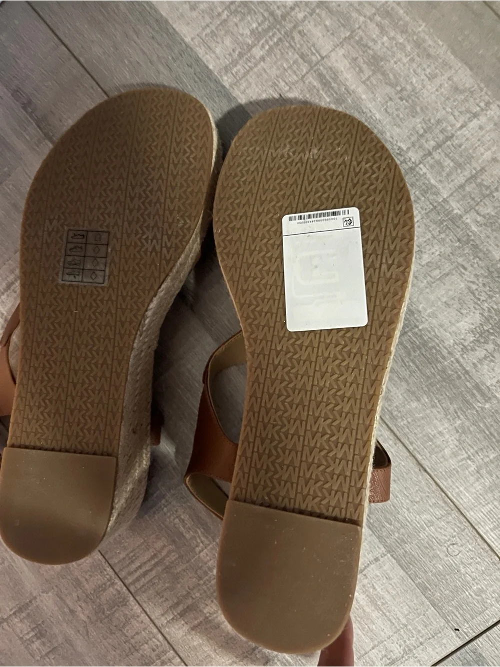 Michael Kors Tan Leather T-Strap Sandals with Gold MK Accent